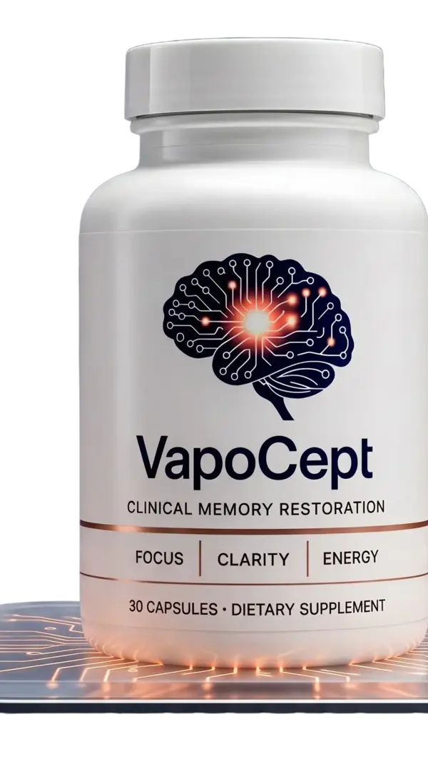 White VapoCept supplement bottle with a stylized brain-circuit emblem on the label, 30 capsules per bottle
